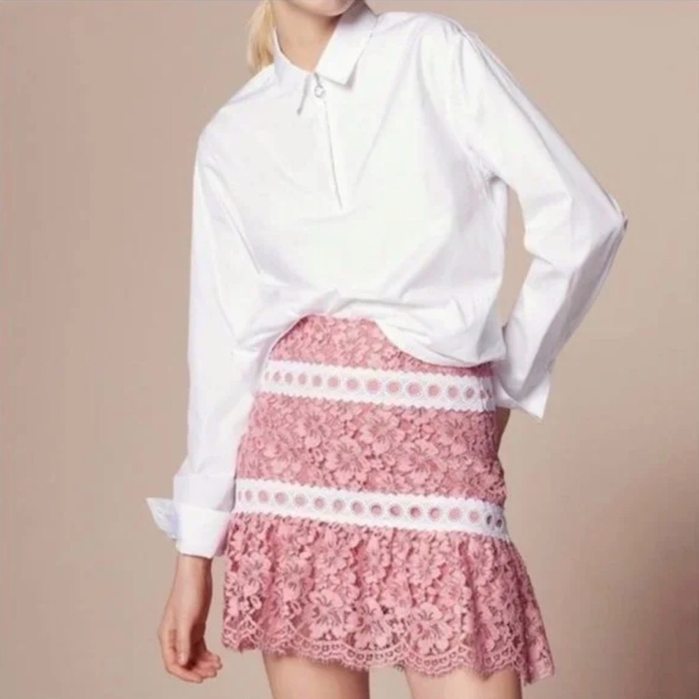 Sandro Dusty Pink Lace A-Line Skirt with White Eyelet Bands 1 euc